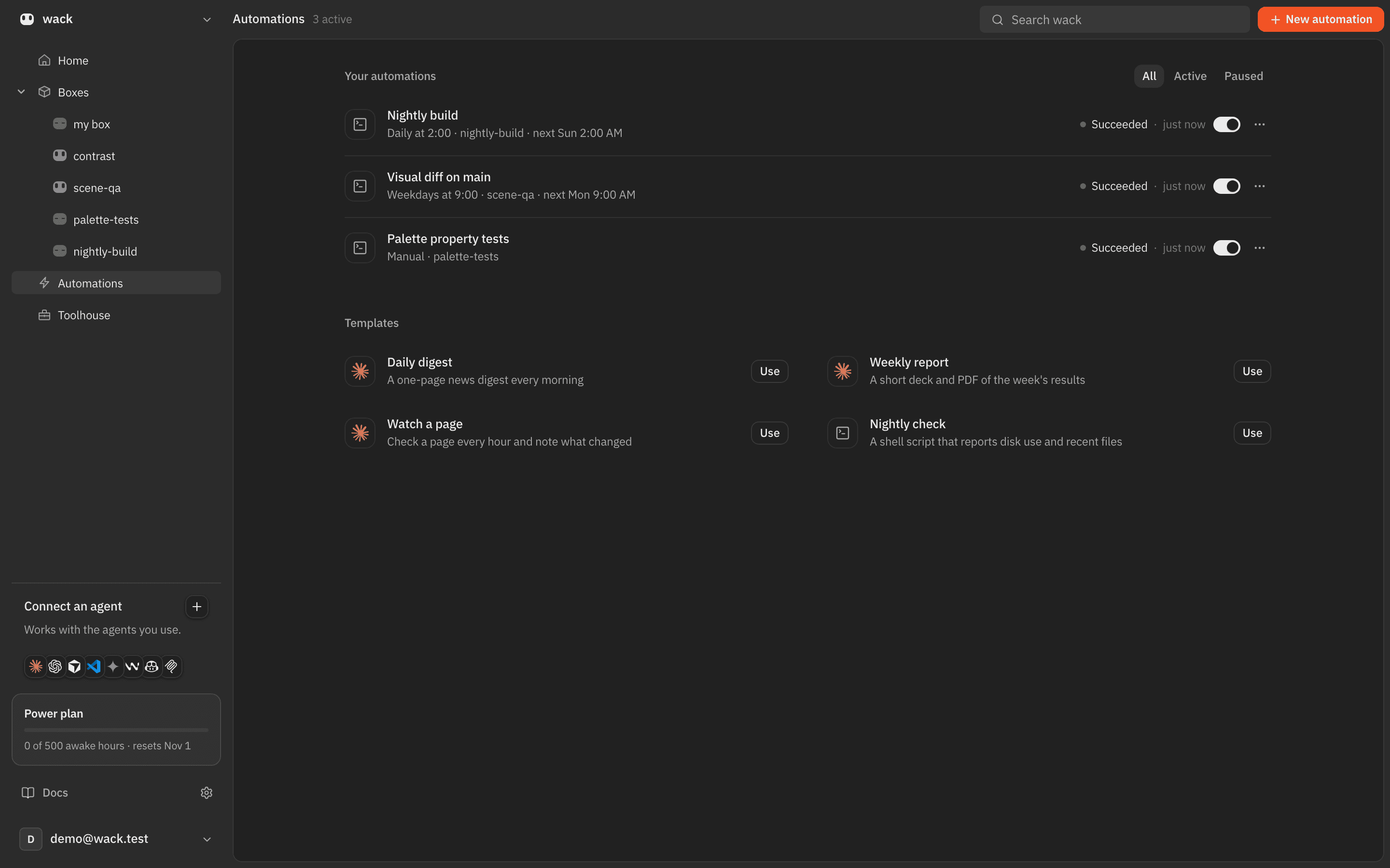 The Automations page in the wack dashboard: Nightly build, Visual diff on main and Palette property tests, each succeeded, with templates below.