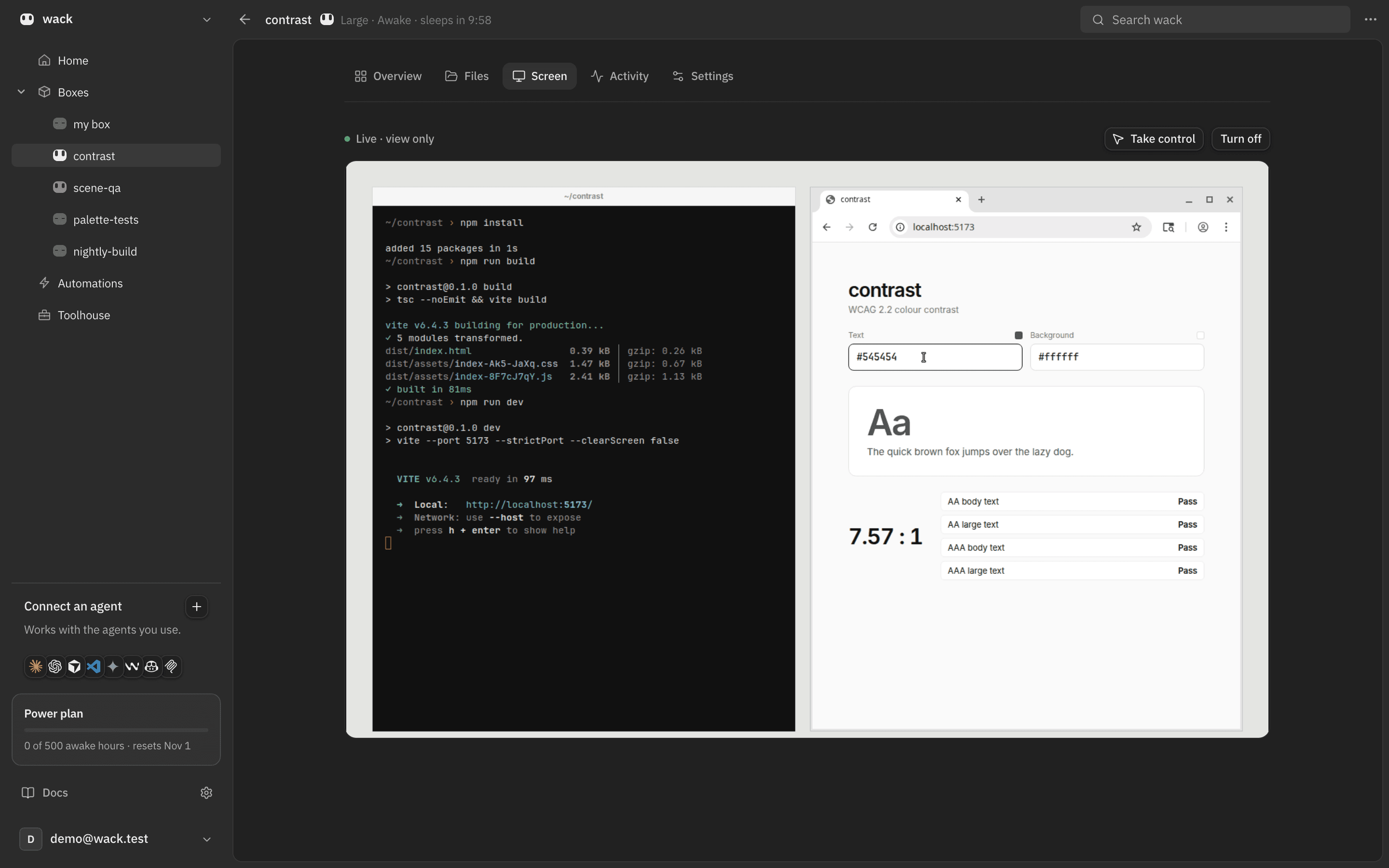 The Screen tab for box contrast in the wack dashboard, live and view-only, while the agent builds an app and checks it in Chrome.